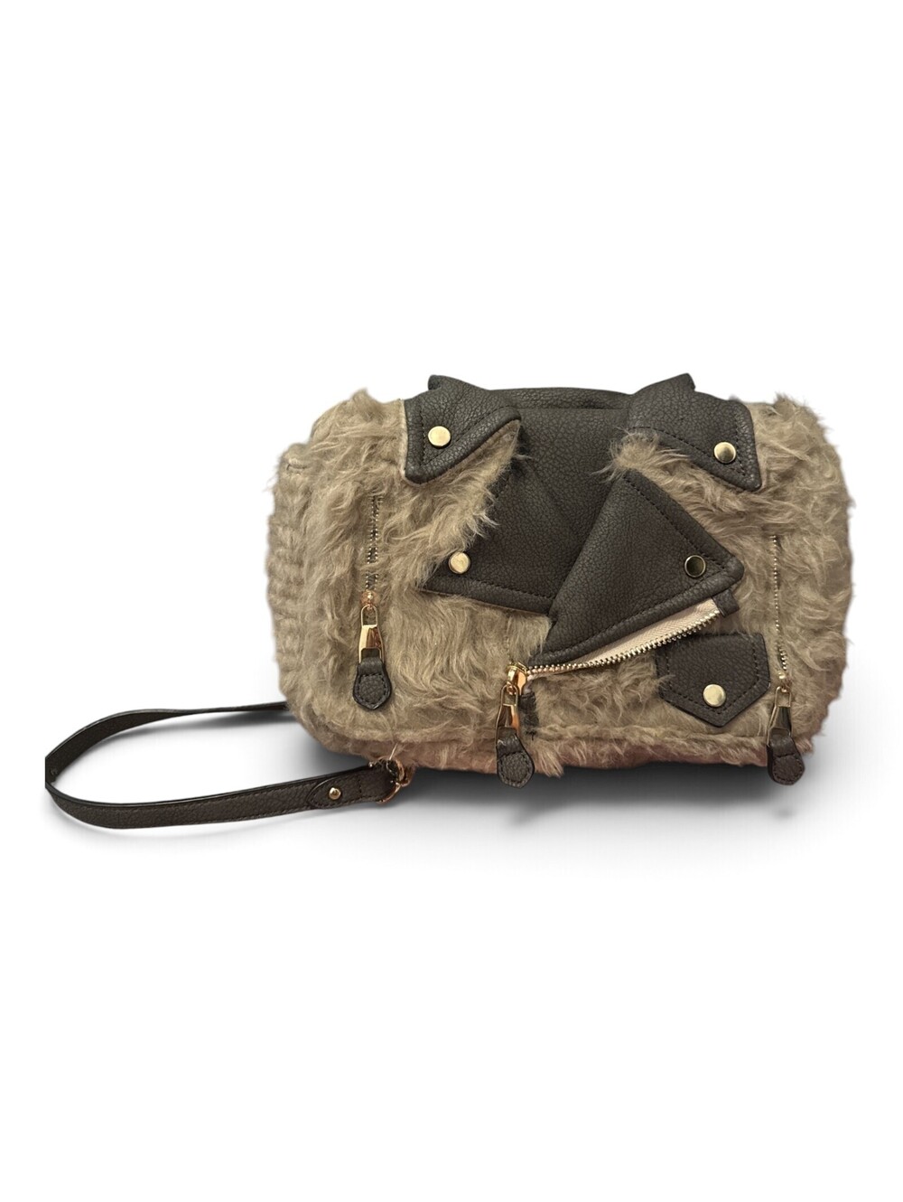 Faux Fur Moto Jacket Crossbody Bag Taupe Teddy Gold Chain Novelty Purse